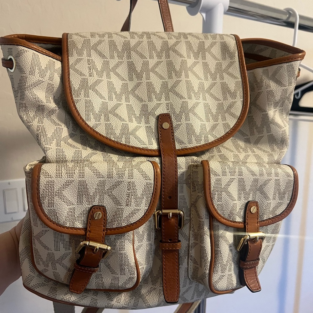 Michael Kors Tan and Brown Monogram Backpack